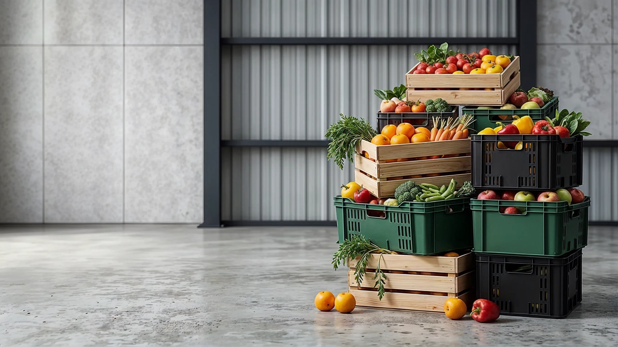Caixas de frutas, legumes e verduras selecionadas prontas para expedição