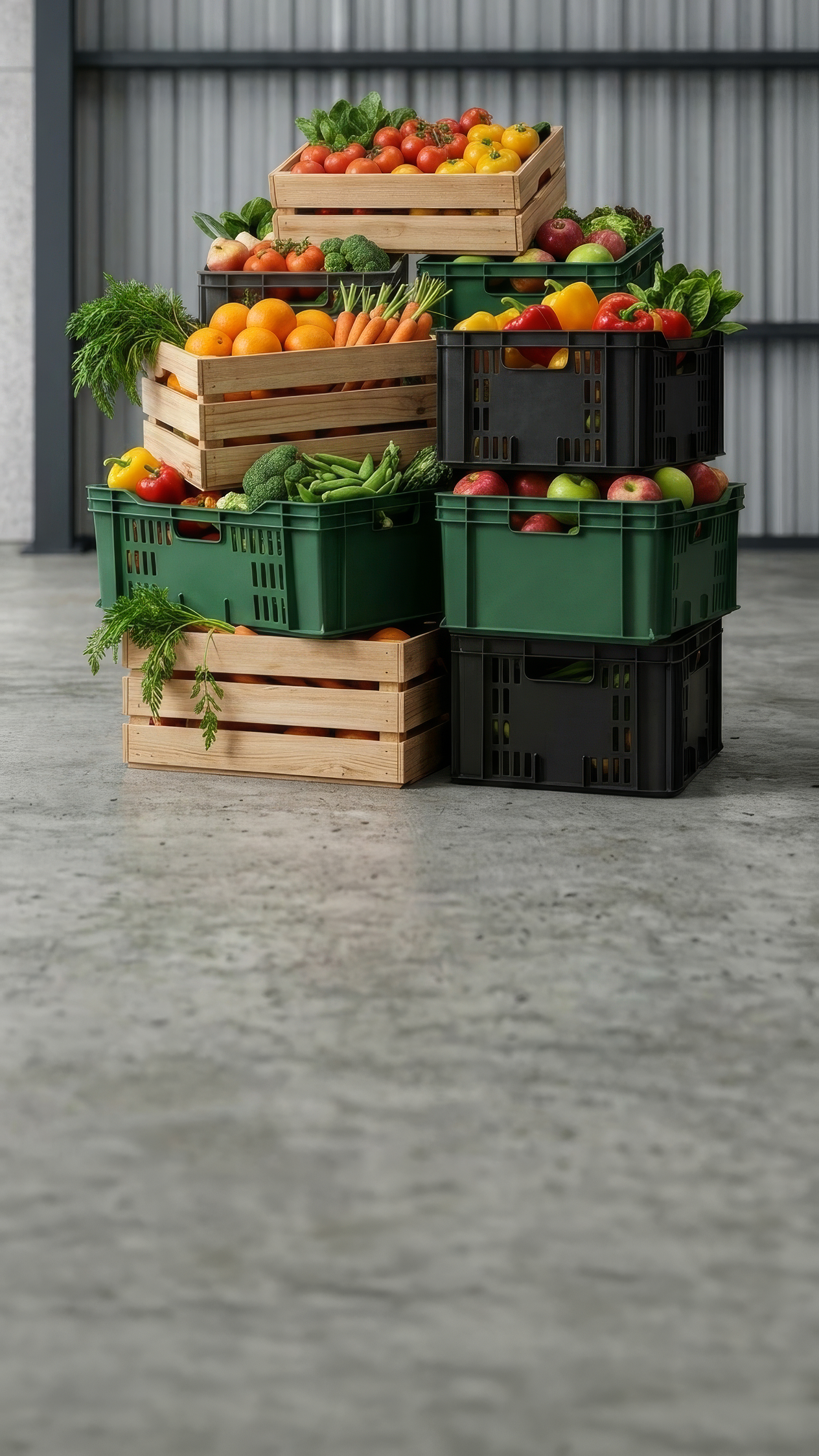 Caixas de frutas, legumes e verduras selecionadas prontas para expedição